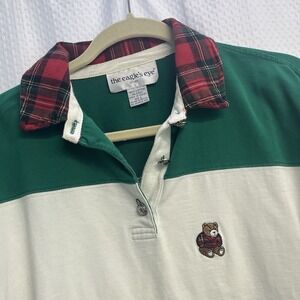 Vtg Eagle's Eye Green Striped Rugby Polo Embroidered Bear Shirt Large Preppy